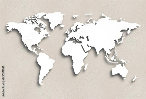 Abstract geometric world map cut-out design; white topographic contour lines on textured background,  banner,  white background