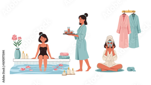 Relaxing spa day with women enjoying a bath receiving a tray of treats and applying a face mask for ultimate self care and pampering