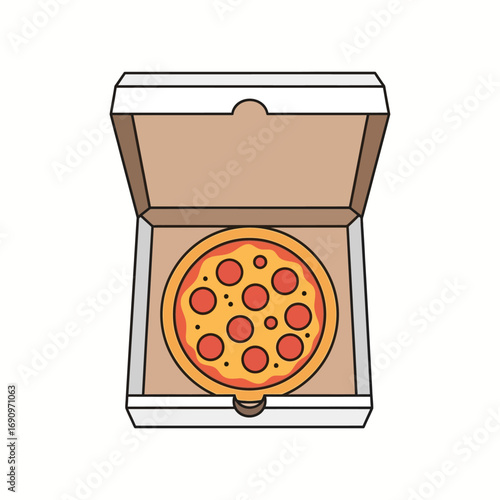 Pizza in delivery box icon. Pepperoni pizza for takeout service. Vector.