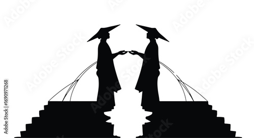Two silhouetted figures in conical hats exchange objects across a symbolic divide