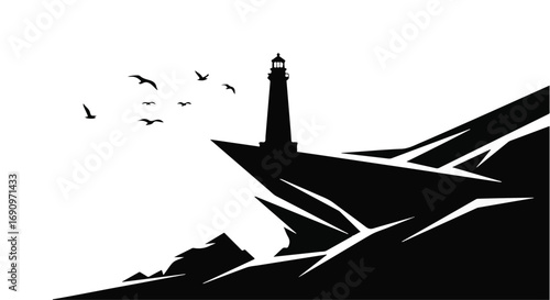 Lighthouse stands tall on a rocky cliff overlooking the sea with birds flying overhead.