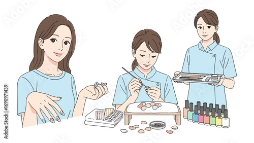 Nail Salon Service: A tranquil illustration depicts a nail technician and a woman undergoing a manicure procedure. The technician focuses on a professional beauty treatment in a nail salon setting.