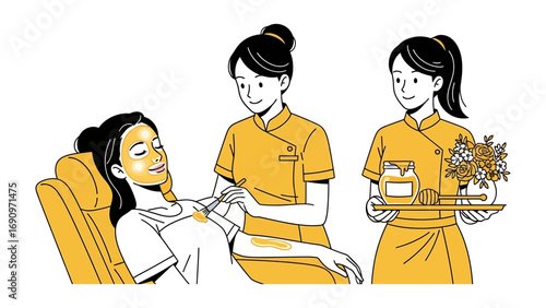Two attentive asian spa therapists in matching yellow uniforms providing a relaxing facial treatment to a contented female client in a chair