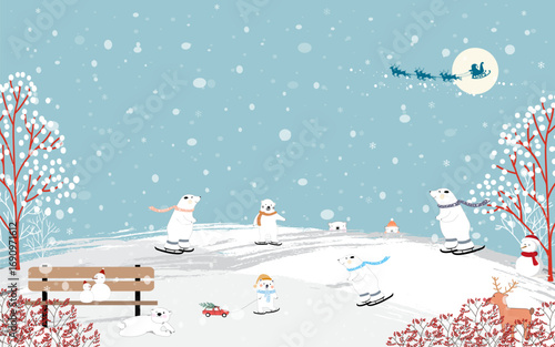 Winter landscape Polar bear ice skating on snow,Santa sleigh with reindeer flies across moon sky with snowy trees,Snowmen.Christmas holiday,greeting card,festive background,poster seasonal decoration