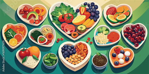 An Easter greeting card featuring a collage of decorated eggs and a plate of fresh, healthy fruit