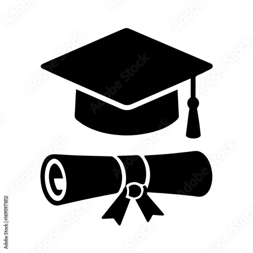 Graduation cap and diploma education icon - Black silhouette icon of a graduation cap and diploma scroll representing academic success, education achievement, university studies, and scholarly accompl