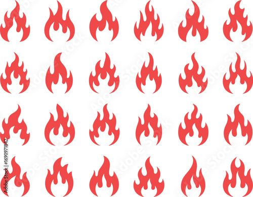 Vibrant Red Flame Icon Collection Stylized Set of Fiery Design Elements for Heat, Energy, and Danger Concepts