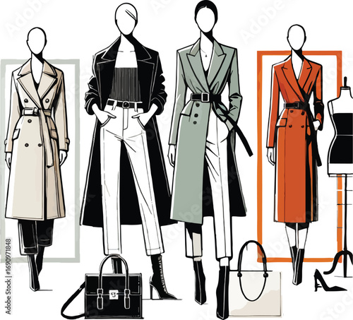 Fashion Illustration Four Women Coats Bags Boots women's fashion