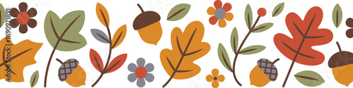 A colorful and decorative autumn foliage design creating a seamless horizontal border with leaves, acorns, and flowers