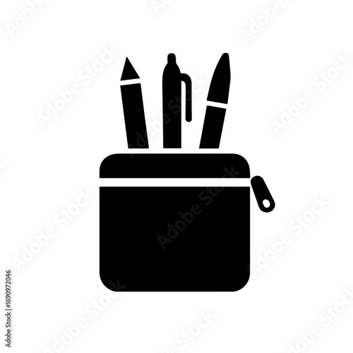 Silhouette of pencil case with stationery items - Black silhouette illustration of a pencil case holding a pencil, pen, and marker, symbolizing education, school supplies, and office work.
