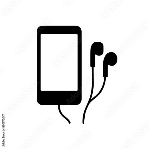 Silhouette of smartphone with earphones connected -Black silhouette illustration of a smartphone with wired earphones, symbolizing music, communication, technology, and modern digital lifestyle.
 