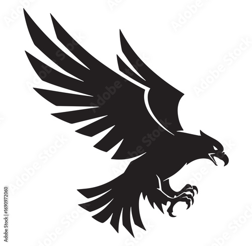Black eagle silhouette in flight with spread wings and fierce expression vector illustration