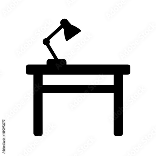 Desk silhouette with table lamp icon - Silhouette of a desk with a table lamp on top, symbolizing workspace, office furniture, study area, and home organization.