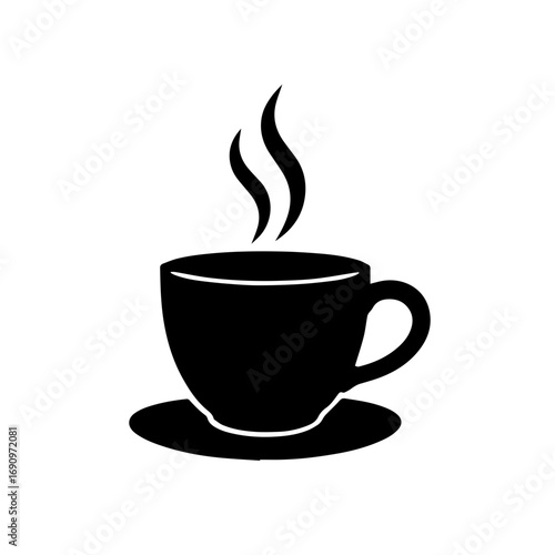 Silhouette of steaming coffee cup on saucer - Black silhouette illustration of a hot coffee cup with steam rising, symbolizing morning, relaxation, beverage culture, and caffeine energy.
