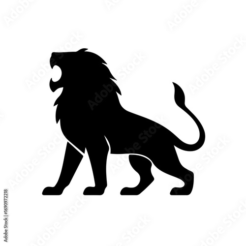 Lion silhouette roaring powerful wild predator - Silhouette of a lion standing proudly with open mouth roaring, symbolizing power, strength, wilderness, and the king of beasts.
