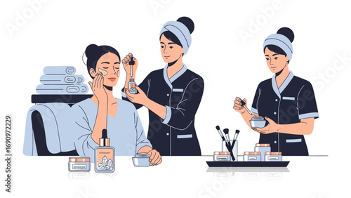 Three young women in bathrobes and towels on their heads applying makeup and skincare products in a bright clean spa or home setting