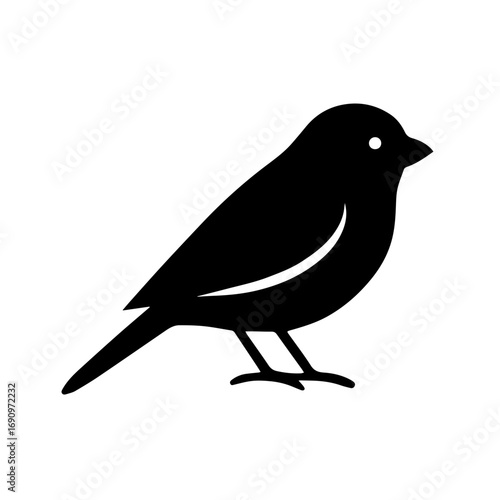 Silhouette of small bird standing on ground - Black silhouette illustration of a small bird with pointed beak and tail, symbolizing nature, freedom, and wildlife simplicity.

