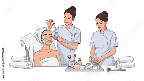 Two professional beauticians performing a facial treatment on a woman with eye patches and a towel wrapped around her head in a spa setting