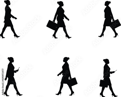 PrintBlack silhouette businesswoman walking with handbag, smartphone, briefcase, high heels, professional posture, motion study, stylish career woman vector illustration