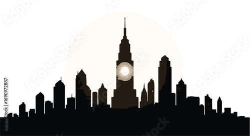 Majestic city skyline silhouette at dusk with a glowing sun behind tall buildings