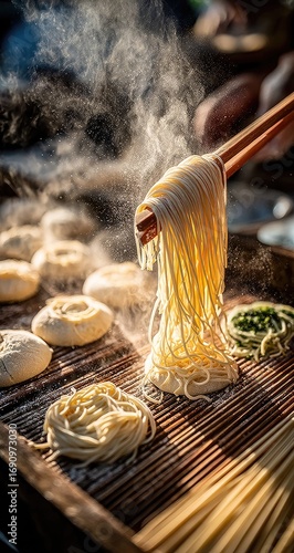 Steaming noodles, fresh from the cooking process