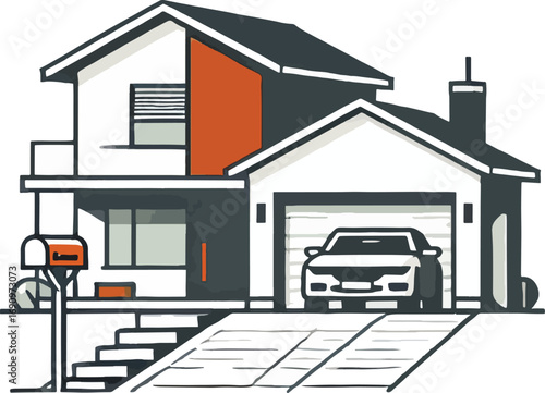 Modern House with Car in Garage and Mailbox home