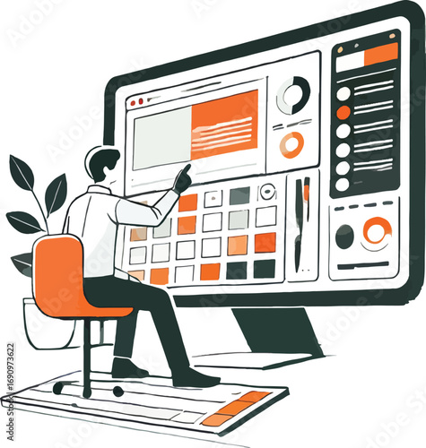 Person Sitting Orange Chair Using Large Computer Color Palette Interface