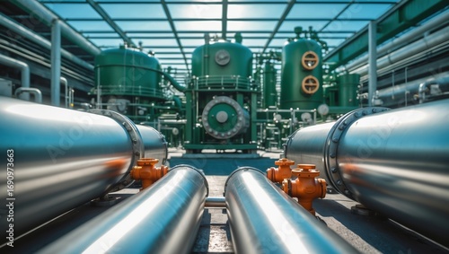 Industrial water treatment plant with stainless steel pipes and green filtration tanks under a metal framework roof