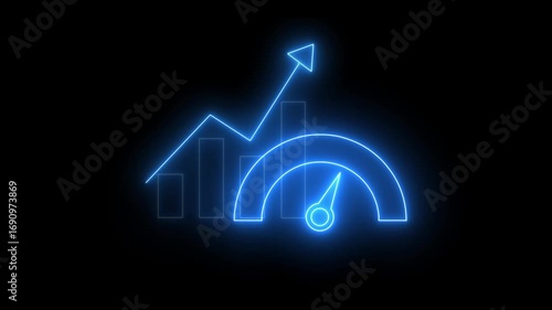 Businessman shows glowing neon line of Benchmark icon with black background.