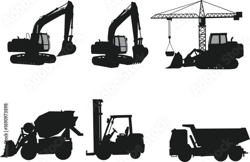 PrintConstruction vehicle silhouette, excavator, tower crane, concrete mixer, forklift, dump truck, heavy machinery, black vector illustration, industrial transport icon, building equipment graphic