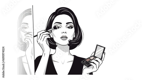 Elegant young woman meticulously applying eyeshadow with a brush holding a compact mirror in a stylish black and white illustration