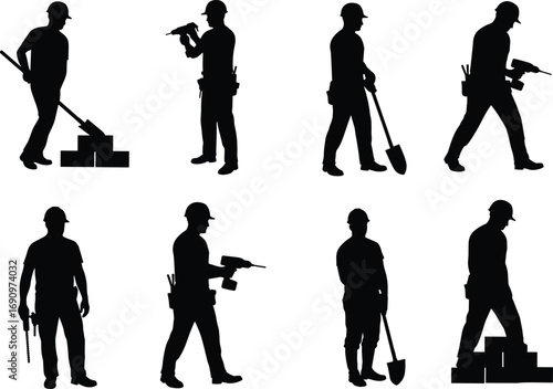 PrintConstruction worker silhouette using tools, shoveling, drilling, lifting bricks, wearing hard hat, industrial labor scene, vector illustration, black graphic icon