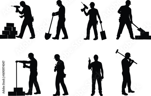 PrintConstruction worker silhouette, bricklaying, drilling, shoveling, measuring, lifting, using tools, industrial labor, safety gear, black vector illustration, job site, graphic icon