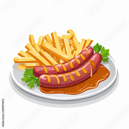 Eine klassische Currywurst mit goldgelben, knusprigen Pommes Frites