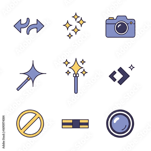 Stylized Camera Flip, Selfie Sparkle, Beauty Filter, and Front Back Lens Icons - Flat 2D Vector for Photo Apps