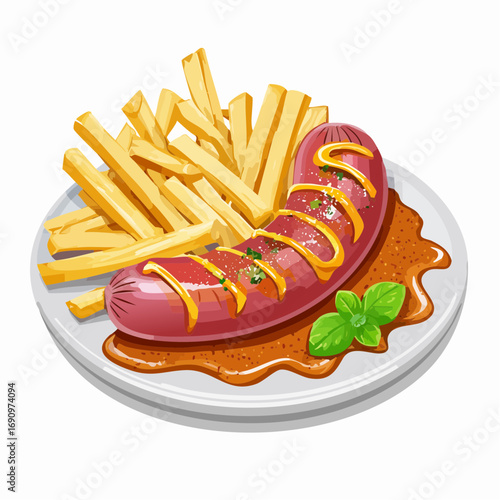 Eine klassische Currywurst mit goldgelben, knusprigen Pommes Frites