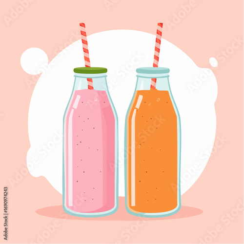 Zwei Glasflaschen mit pinkfarbenen und orangefarbenen Smoothies