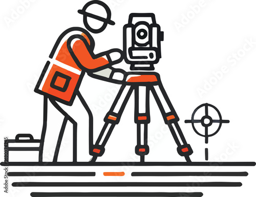 Surveyor Using Theodolite Orange Safety Vest Line Art Illustration