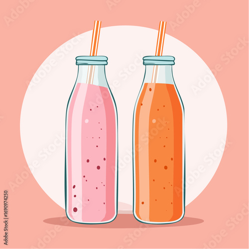 Zwei Glasflaschen mit pinkfarbenen und orangefarbenen Smoothies