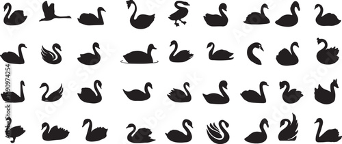 swan, silhouette, bird, waterfowl, animal, icon, set, collection, graceful, elegant, flying, swimming, standing, profile, outline, black and white, graphic, design element, wildlife, nature, abstract,