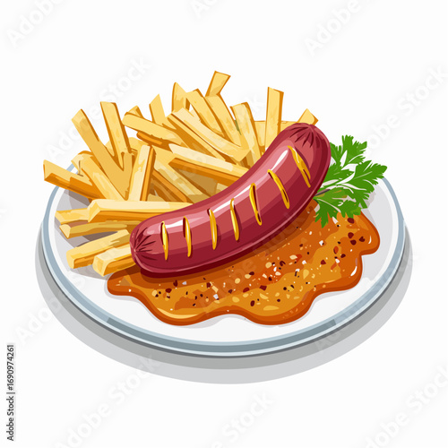 Eine klassische Currywurst mit goldgelben, knusprigen Pommes Frites