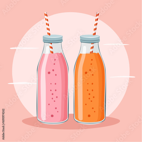 Zwei Glasflaschen mit pinkfarbenen und orangefarbenen Smoothies