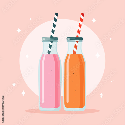 Zwei Glasflaschen mit pinkfarbenen und orangefarbenen Smoothies