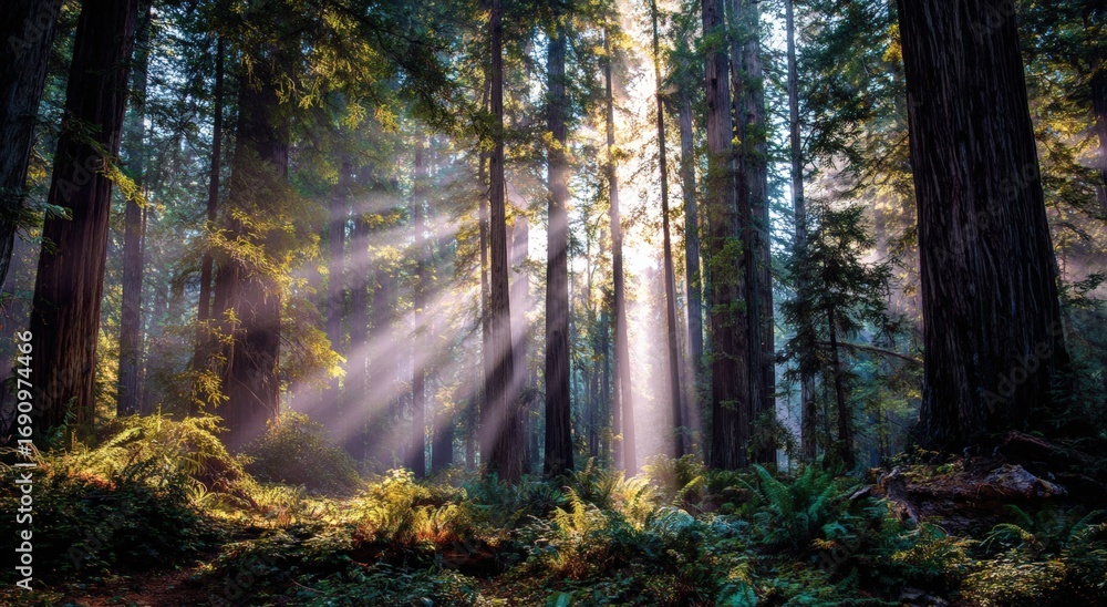 Fototapeta premium Sunlight streams through redwood forest (4)