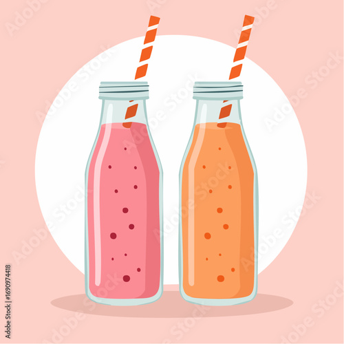 Zwei Glasflaschen mit pinkfarbenen und orangefarbenen Smoothies