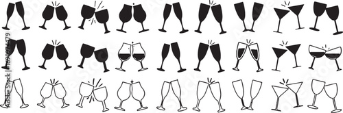 clinking, glasses, champagne, wine, toast, celebration, party, event, cheers, drink, beverage, alcohol, festive, happy, joy, success, congratulations, icon, symbol, graphic, illustration, set, collect