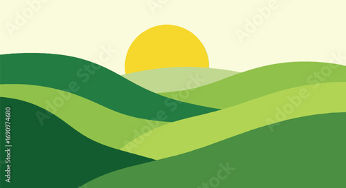 Serene Sunrise Over Rolling Green Hills: Minimalist Landscape Illustration, Peaceful and Hopeful Mood.