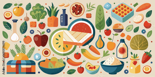 A colorful Easter seamless pattern with eggs and fresh, healthy food vector illustration