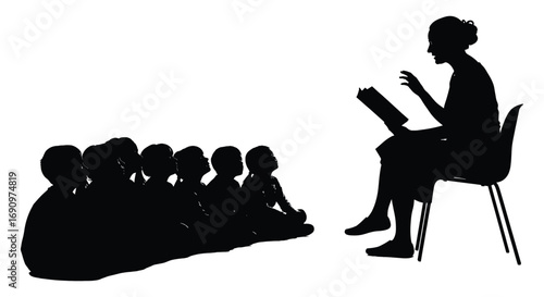 Silhouetted woman sits reading a book to attentive children looking up, transparent background