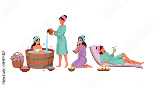 Women enjoying a relaxing spa day with various treatments including a bubble bath facial masks and massage in a serene and tranquil wellness retreat setting